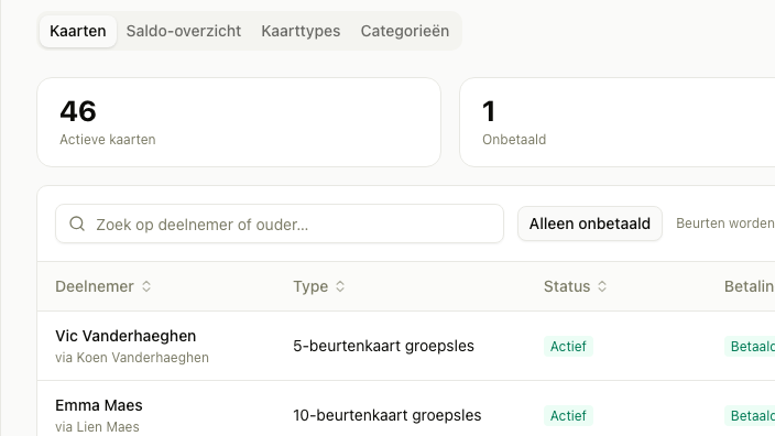 Uitsnede van het beurtenbeheer in Ponyportaal met de tabs Kaarten, Saldo-overzicht, Kaarttypes en Categorieën, een teller voor onbetaalde kaarten en per ruiter zijn kaarttype.