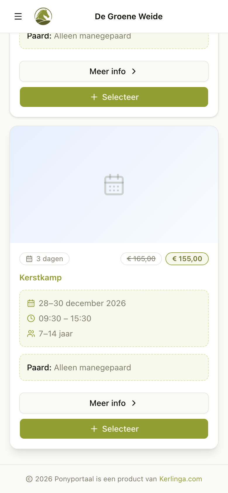 Kaart van een kerstkamp met prijs, data en een knop om het kamp te kiezen