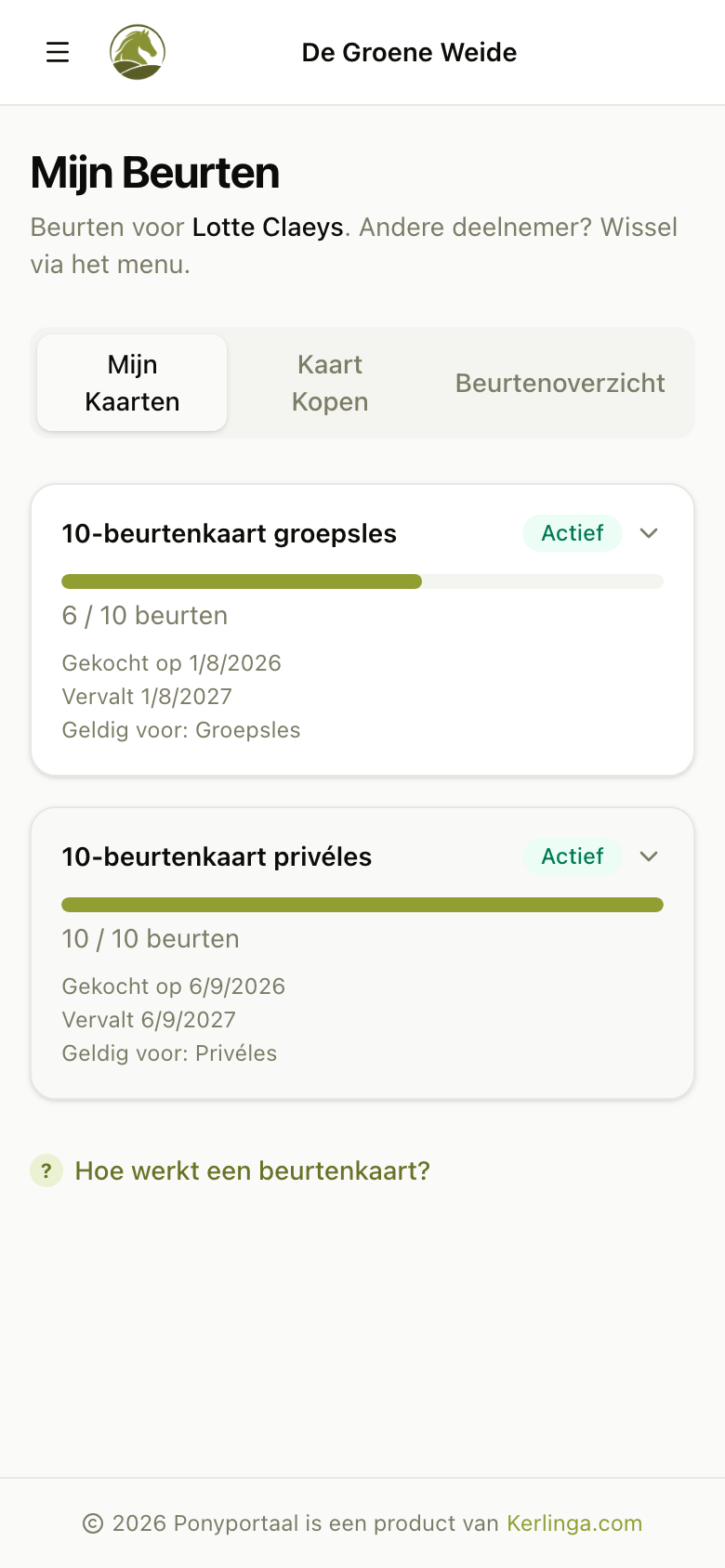 Beurtenkaarten met het resterende aantal beurten in het klantenportaal